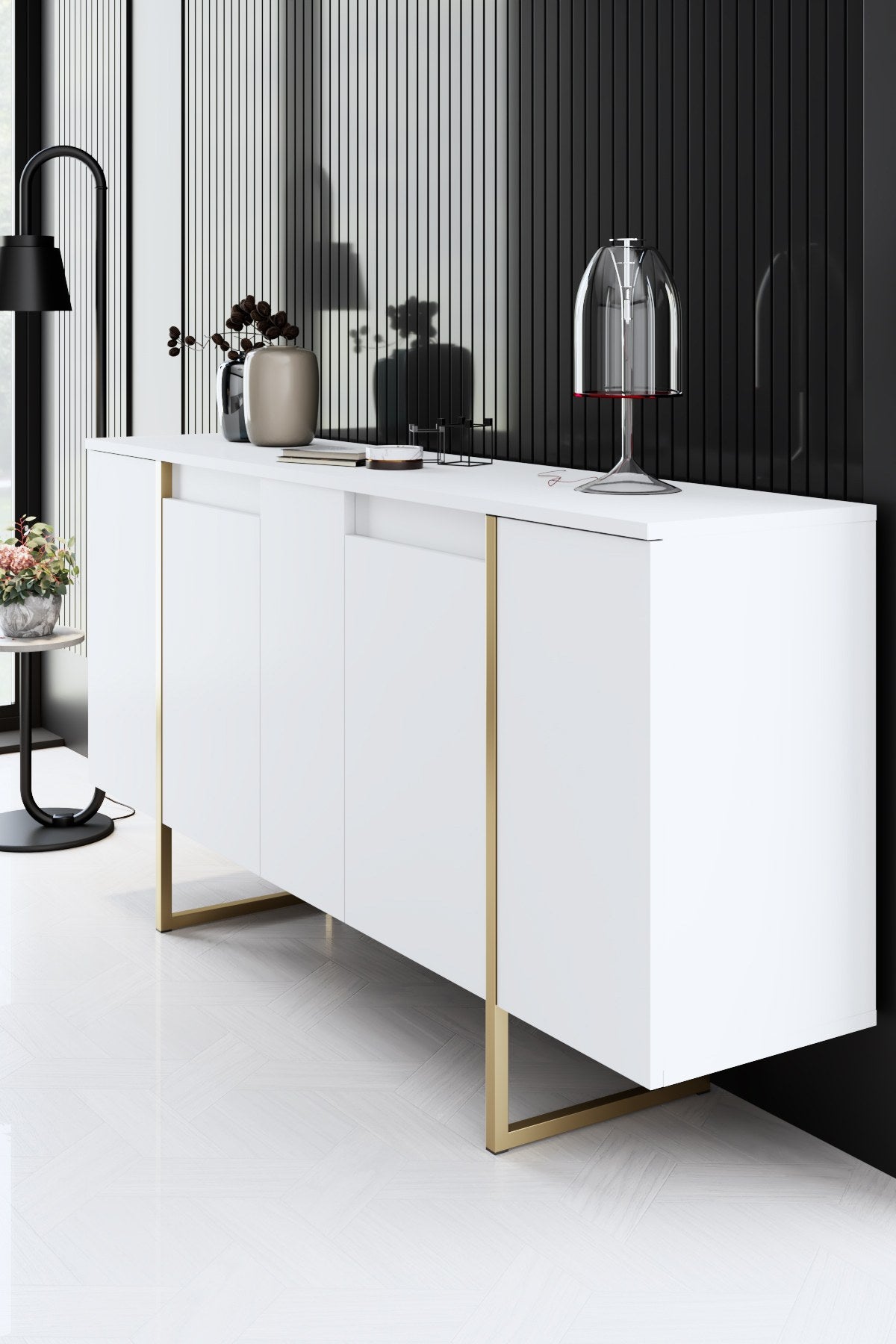 Commode moderne blanche de luxe 160 x 80 x 35 cm - Cadre doré