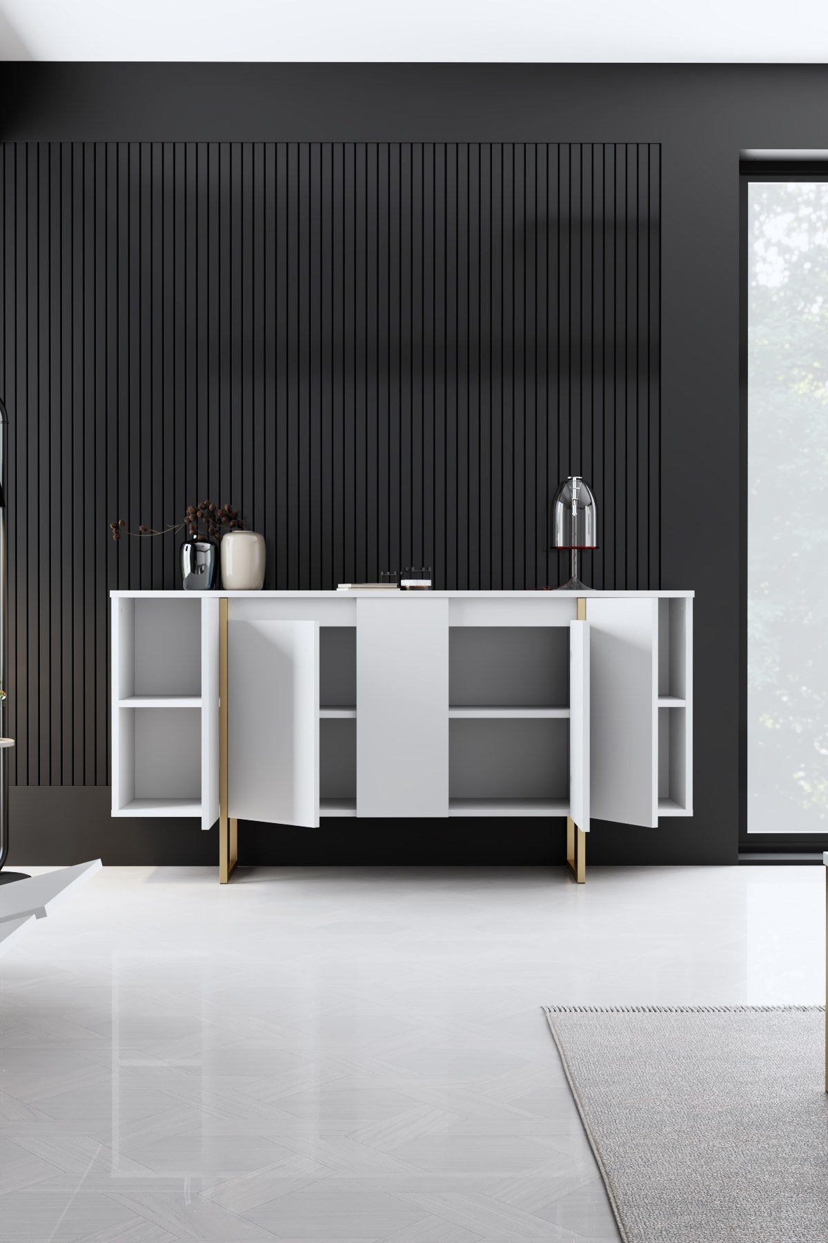 Commode moderne blanche de luxe 160 x 80 x 35 cm - Cadre doré