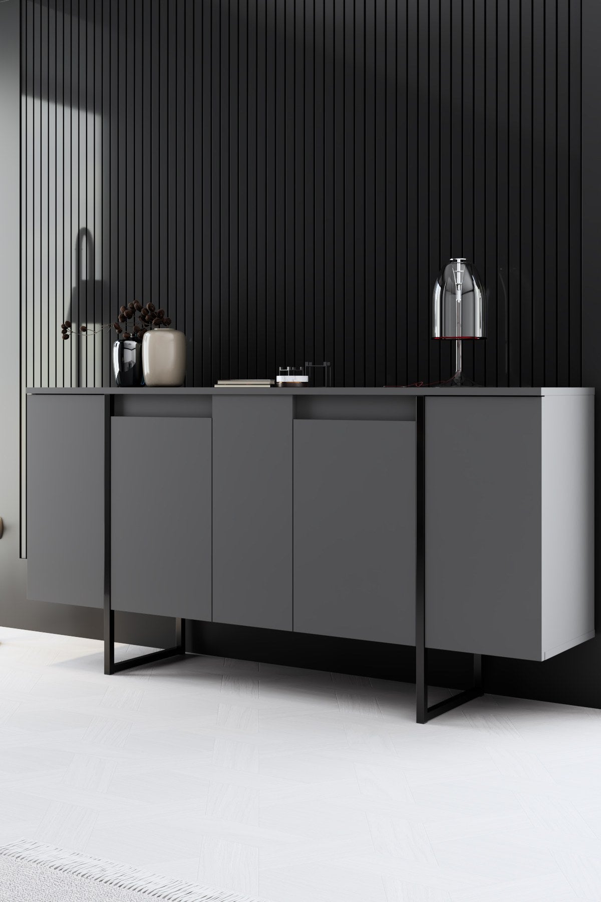 Ensemble de meubles Anthracite Luxe - Table basse + Meuble TV + Buffet - Cadre noir