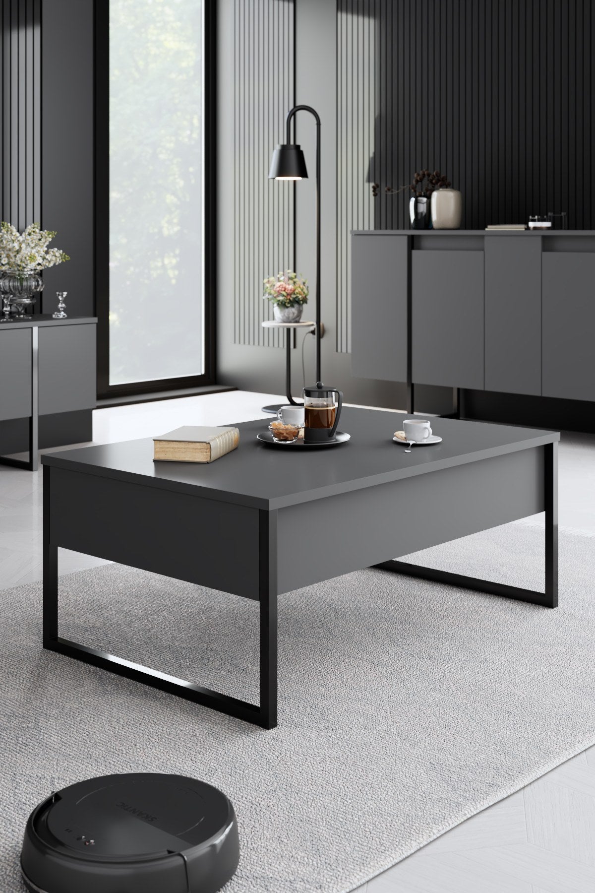 Ensemble de meubles Anthracite Luxe - Table basse + Meuble TV + Buffet - Cadre noir