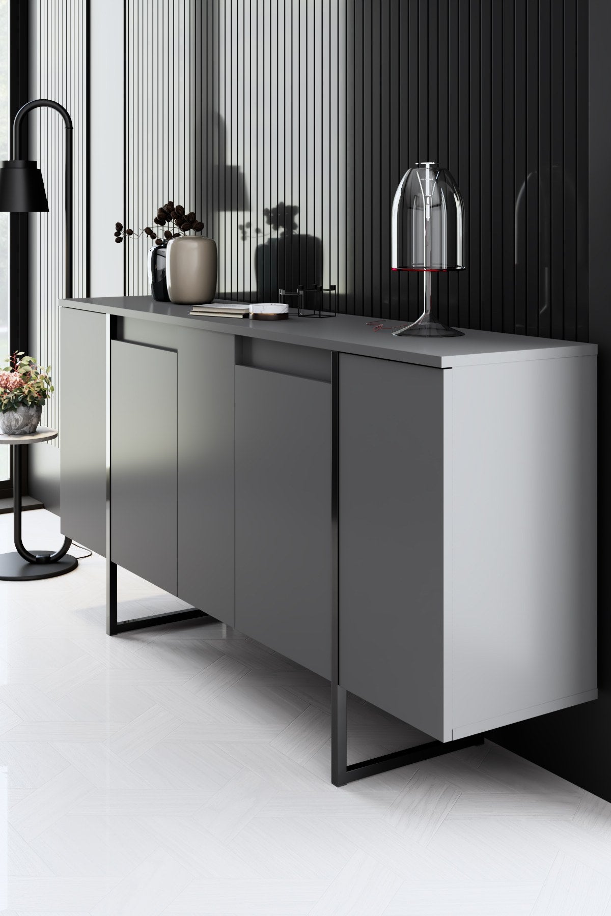 Ensemble de meubles Anthracite Luxe - Table basse + Meuble TV + Buffet - Cadre noir