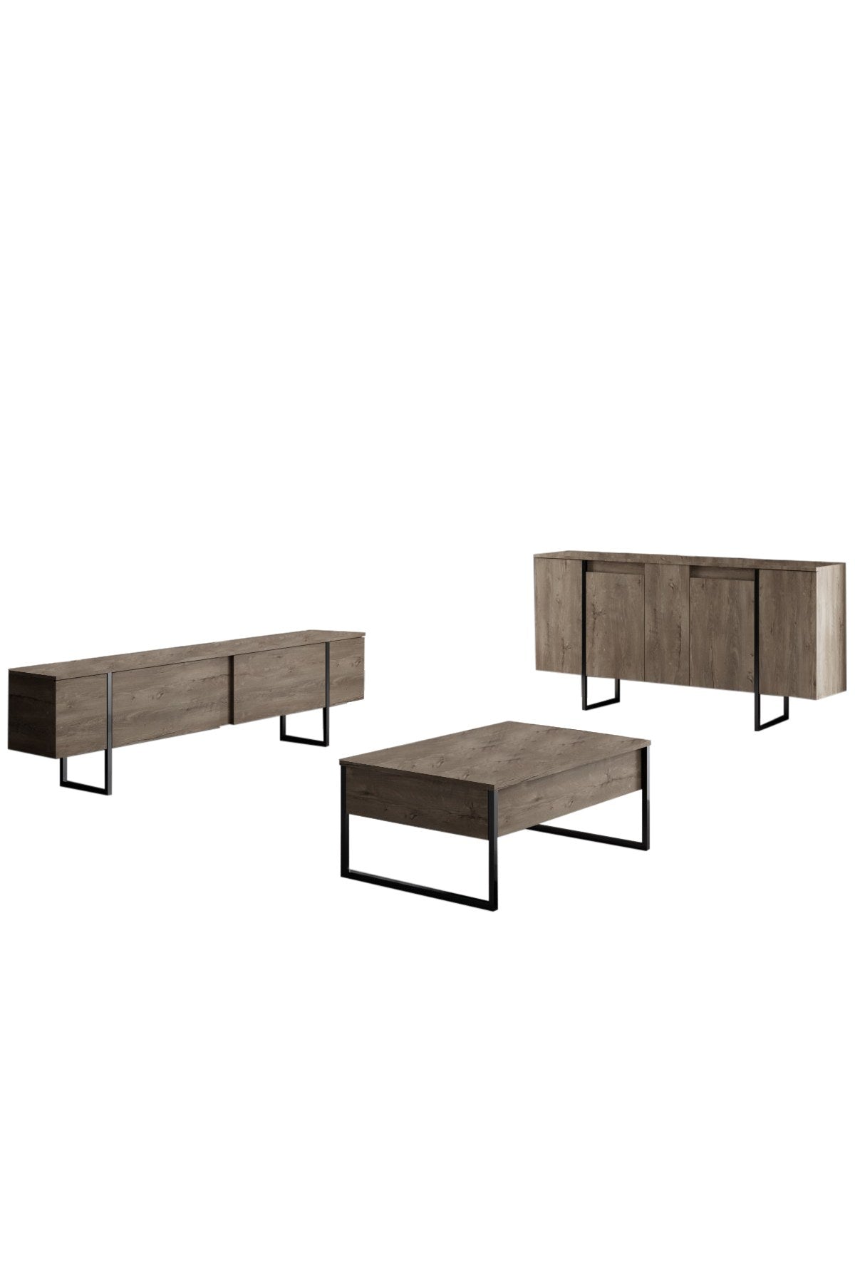 Ensemble de meubles de luxe en noyer - Table basse, meuble TV et buffet - Cadre noir