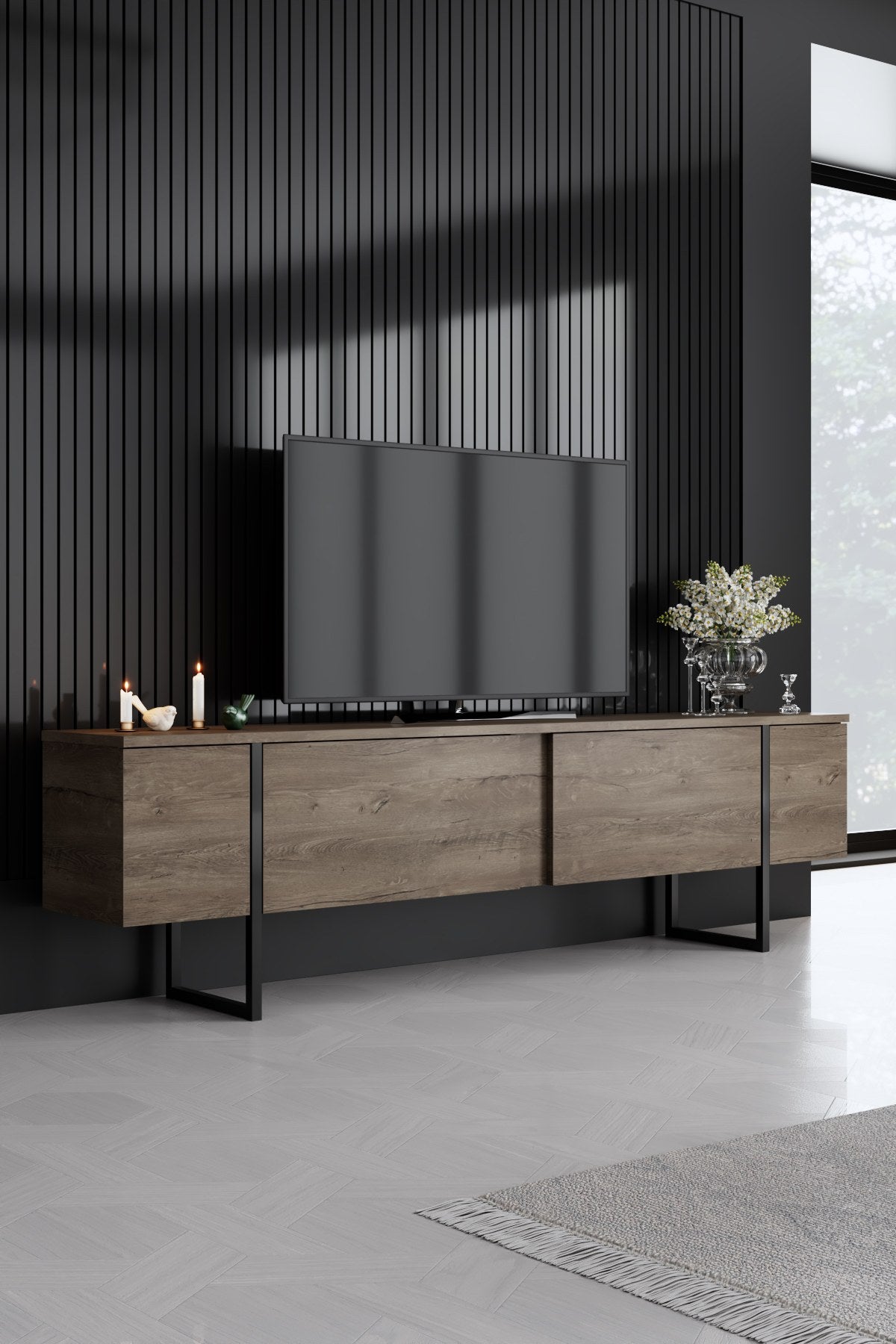 Ensemble de meubles de luxe en noyer - Table basse, meuble TV et buffet - Cadre noir