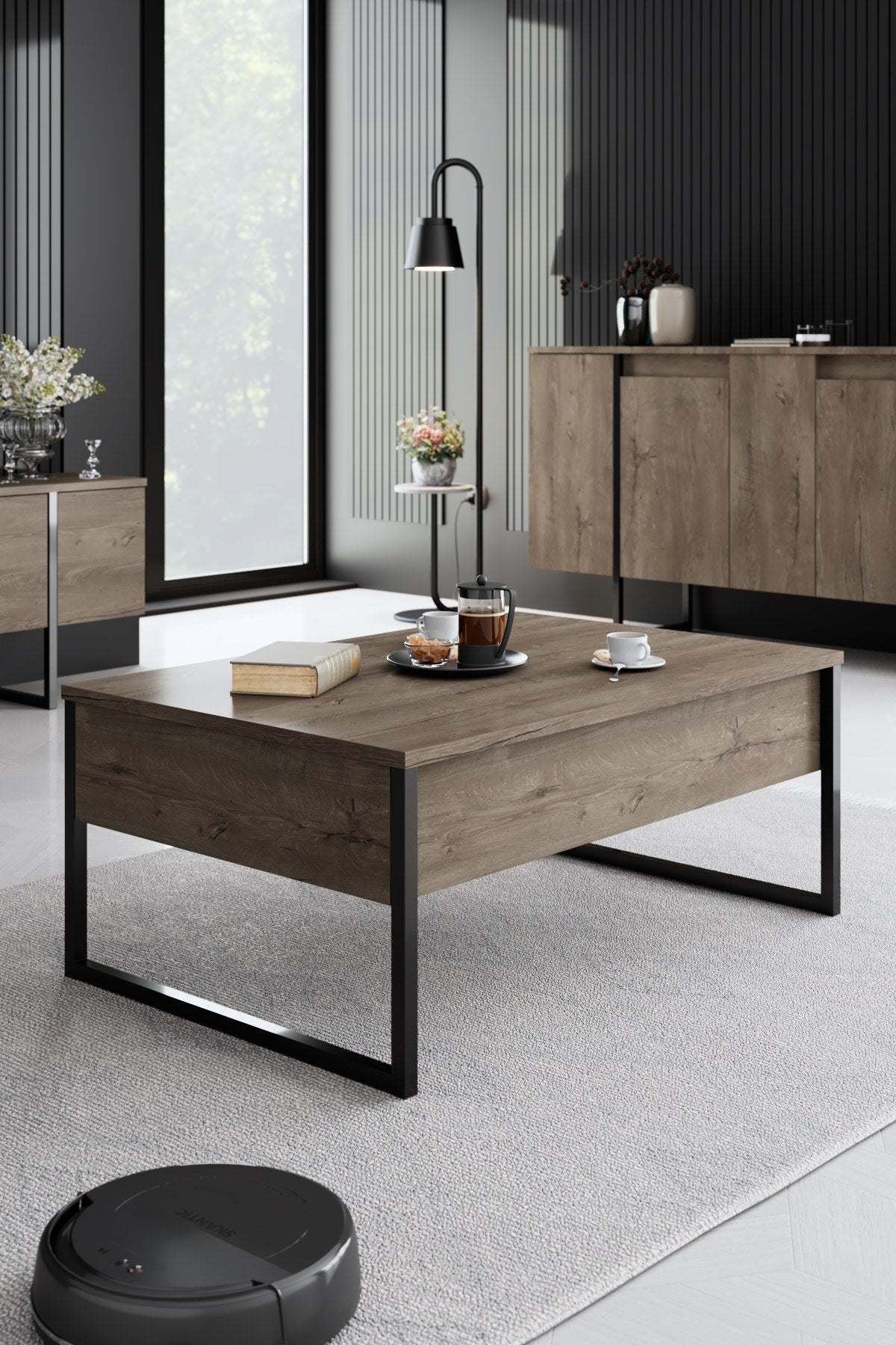 Ensemble de meubles de luxe en noyer - Table basse, meuble TV et buffet - Cadre noir