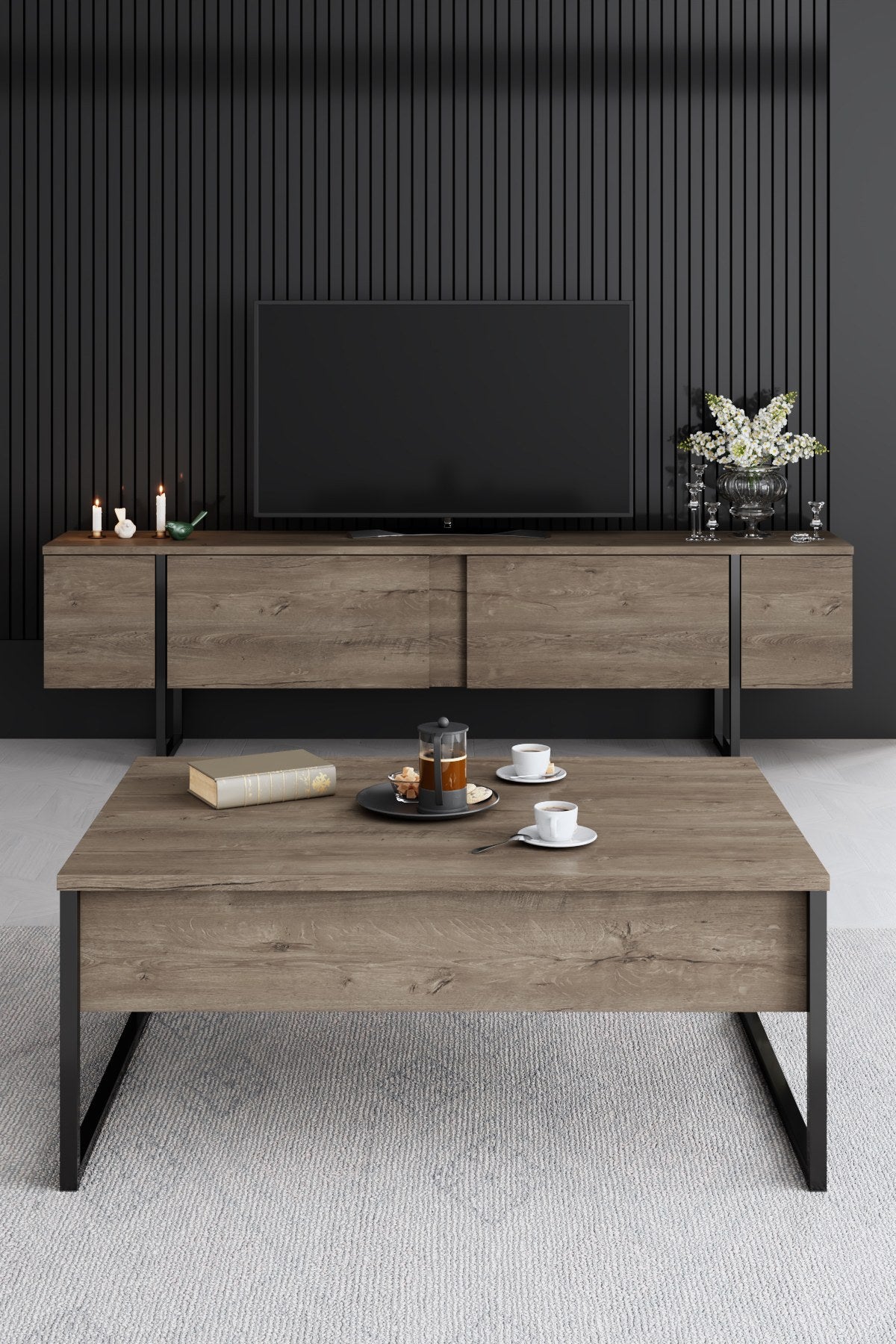 Ensemble de meubles de luxe en noyer - Table basse, meuble TV et buffet - Cadre noir