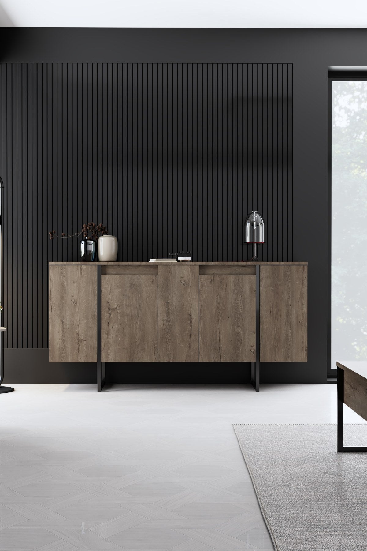 Ensemble de meubles de luxe en noyer - Table basse, meuble TV et buffet - Cadre noir