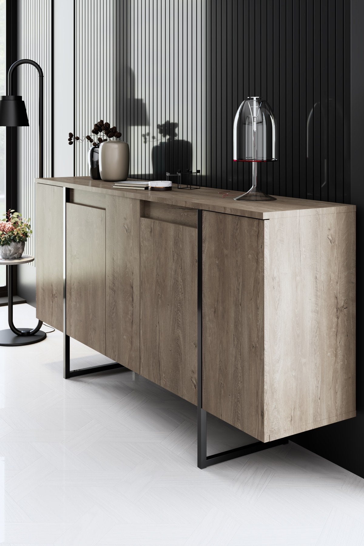 Ensemble de meubles de luxe en noyer - Table basse, meuble TV et buffet - Cadre noir