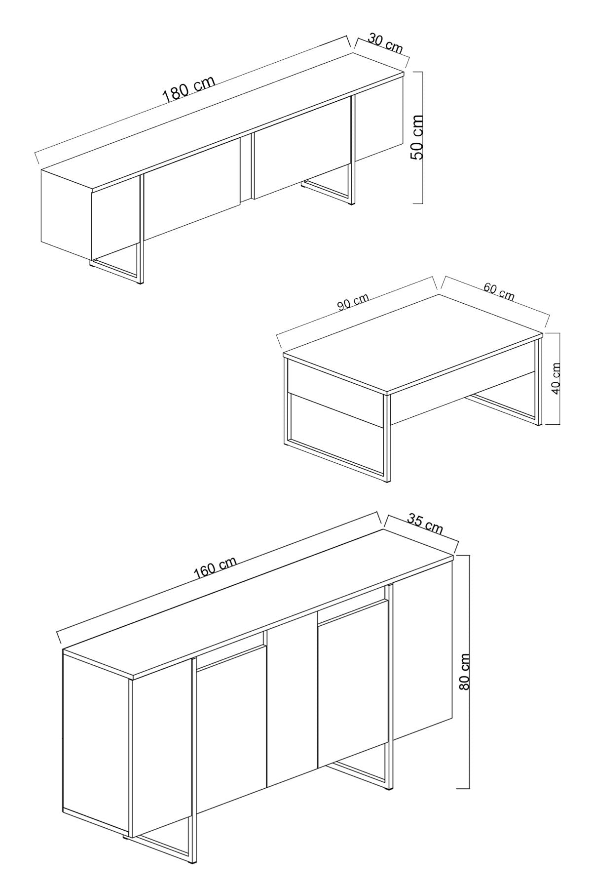 Ensemble de meubles de luxe en noyer - Table basse, meuble TV et buffet - Cadre doré