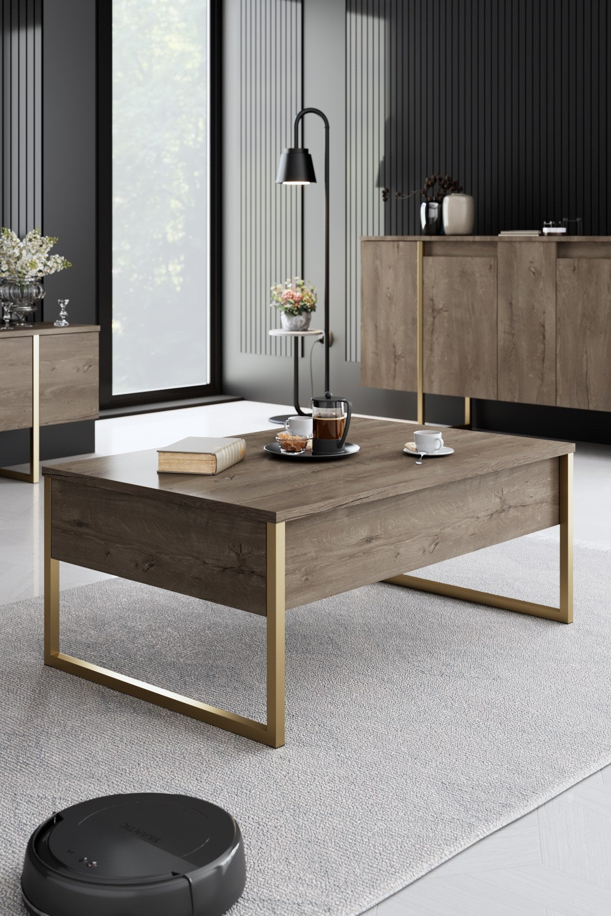 Ensemble de meubles de luxe en noyer - Table basse, meuble TV et buffet - Cadre doré