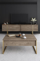 Ensemble de meubles de luxe en noyer - Table basse, meuble TV et buffet - Cadre doré