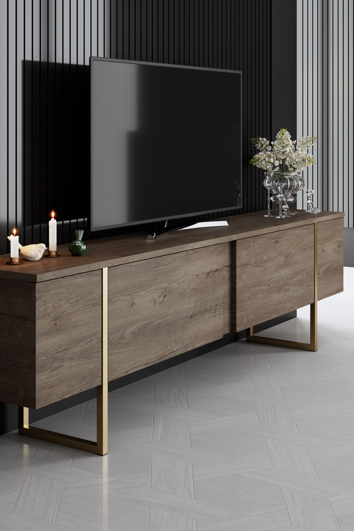 Ensemble de meubles de luxe en noyer - Table basse, meuble TV et buffet - Cadre doré