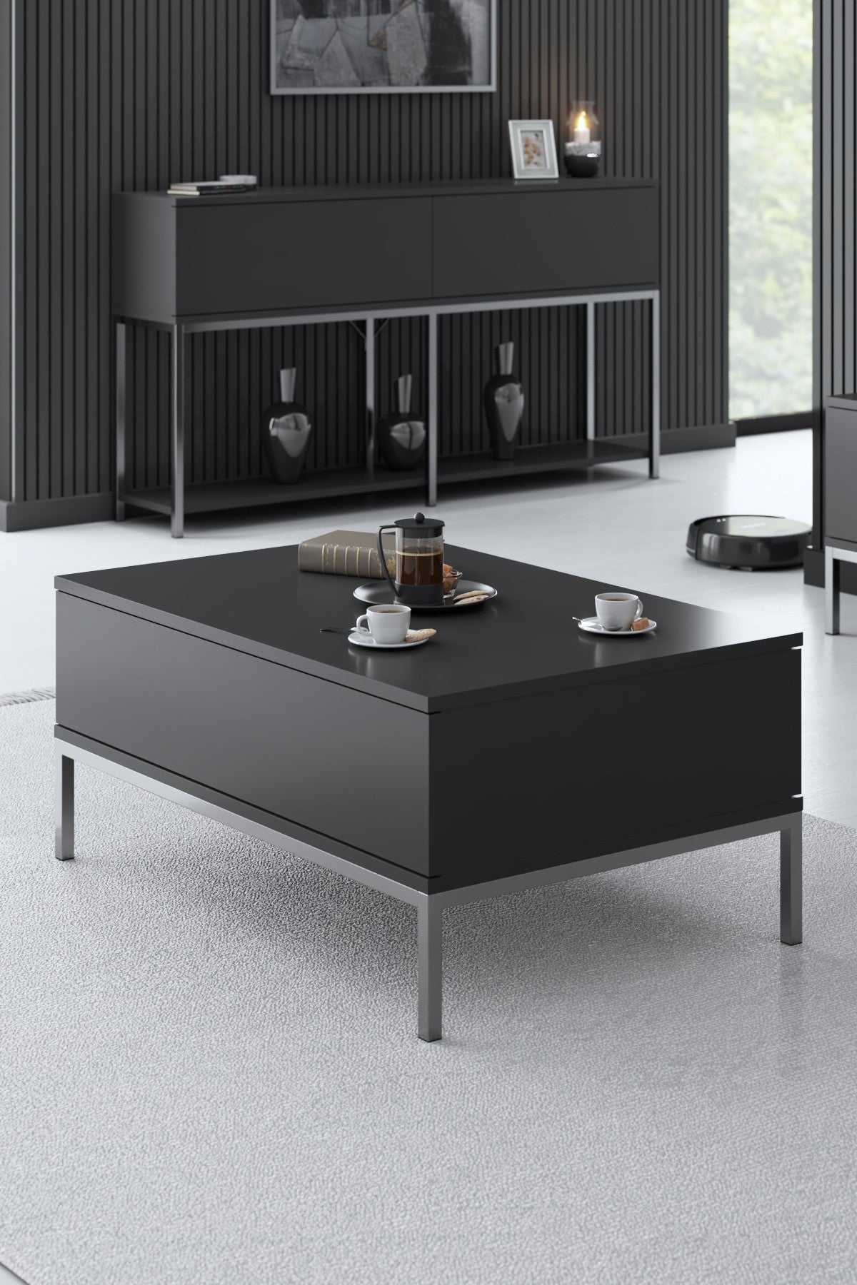 Ensemble de meubles Anthracite Lord - Table basse + Meuble TV + Buffet - Cadre argenté