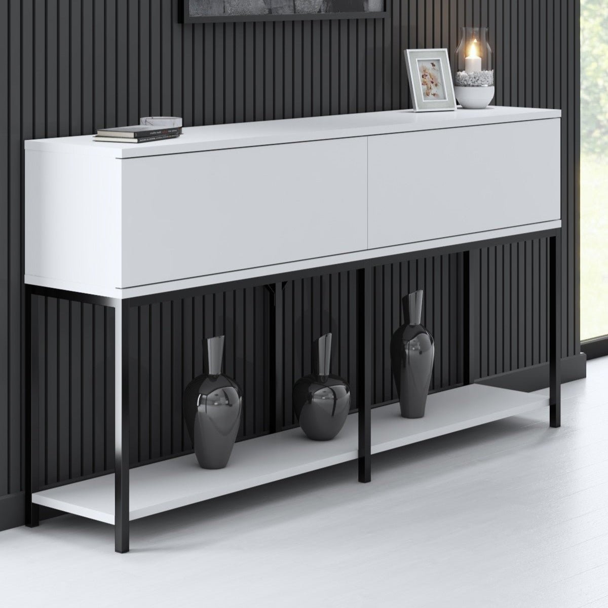 Commode moderne White Lord 150x30x80 - Cadre noir - Deux compartiments
