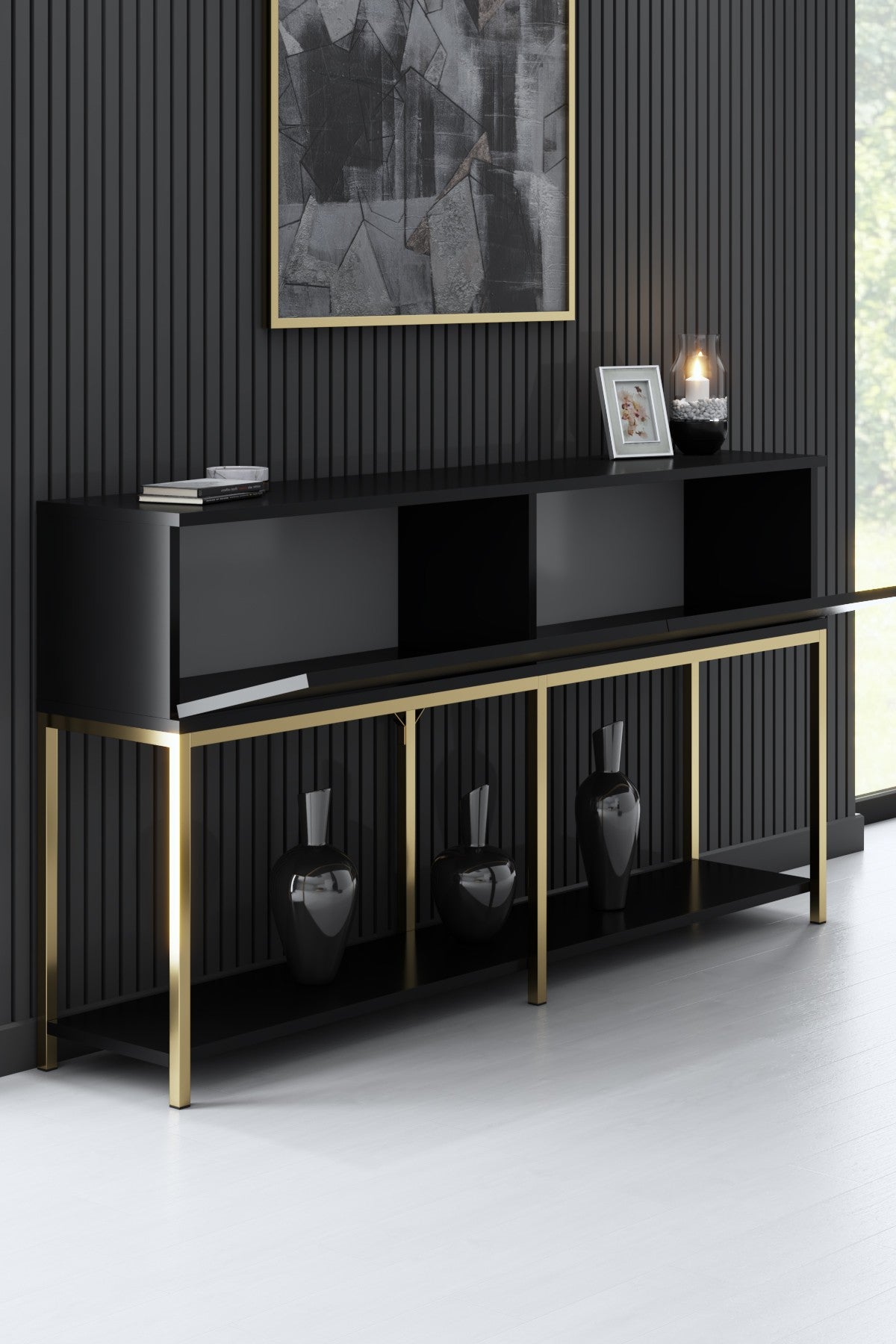 Commode moderne Black Lord 150x30x80 - Cadre doré - Deux compartiments