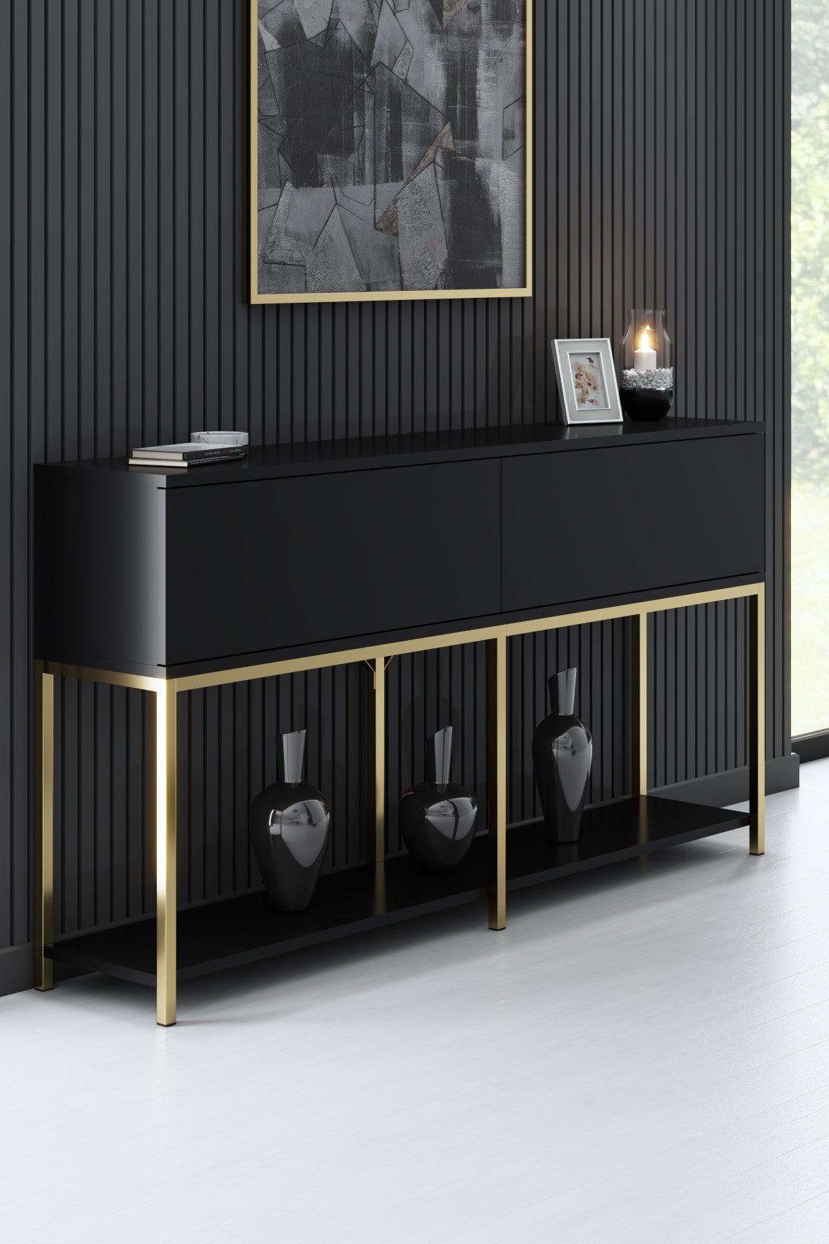 Meubelsets - Meubelset Zwart Lord - Salontafel + TV Meubel + Dressoir - Gouden Frame - Dimehouse