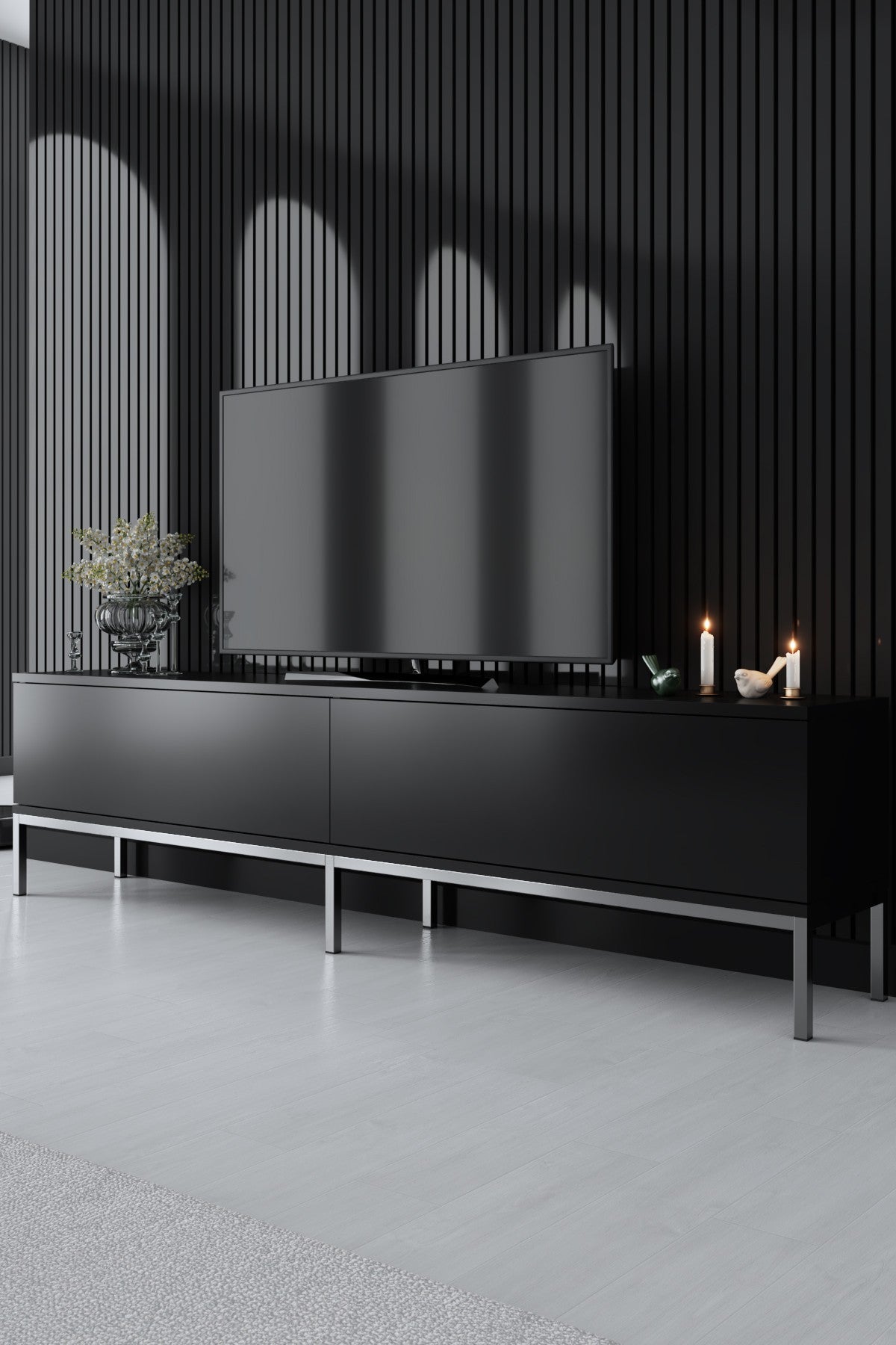 Ensemble de meubles Black Lord - Table basse + Meuble TV + Buffet - Cadre argenté
