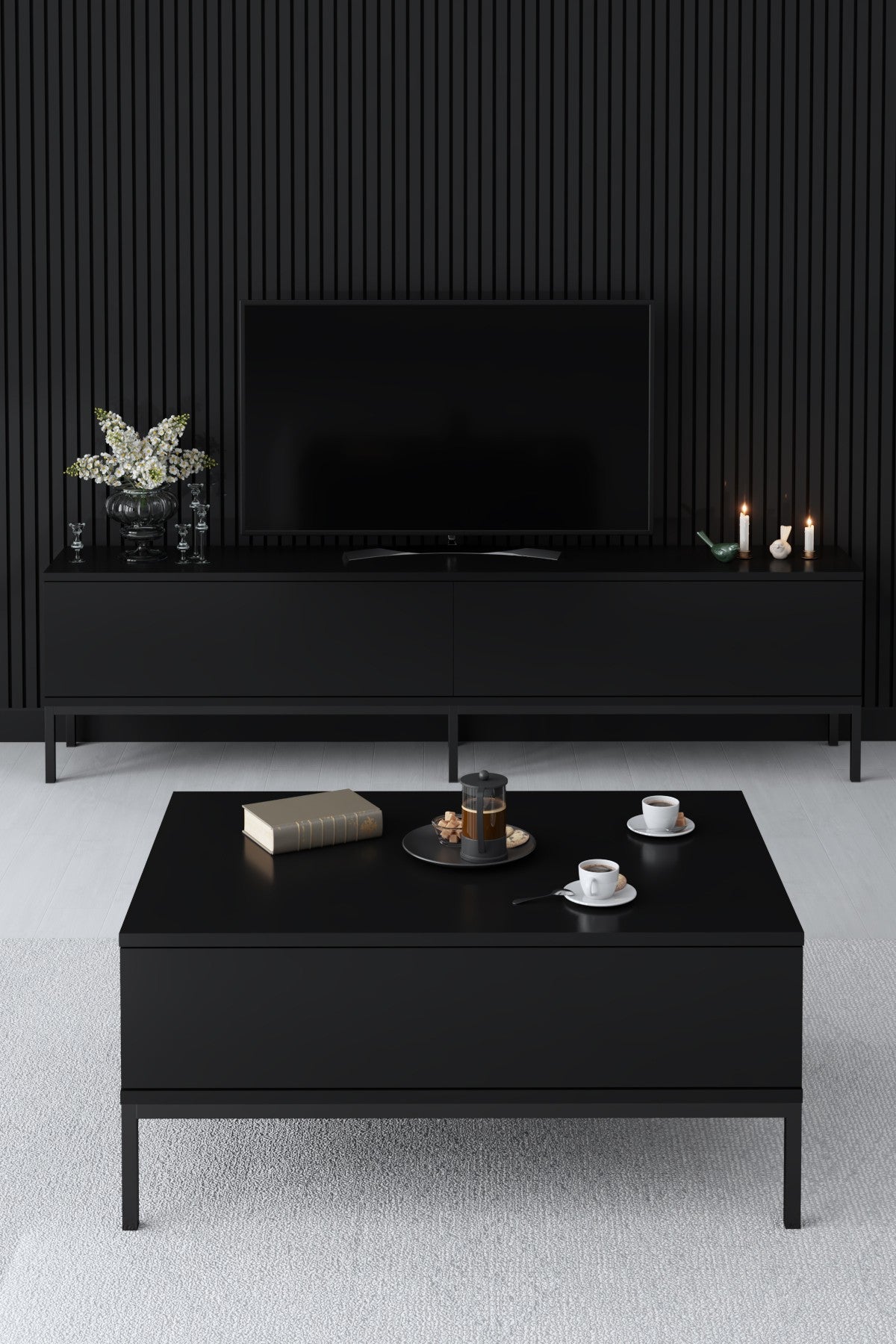 Ensemble de meubles Black Lord - Table basse + Meuble TV + Buffet - Cadre noir