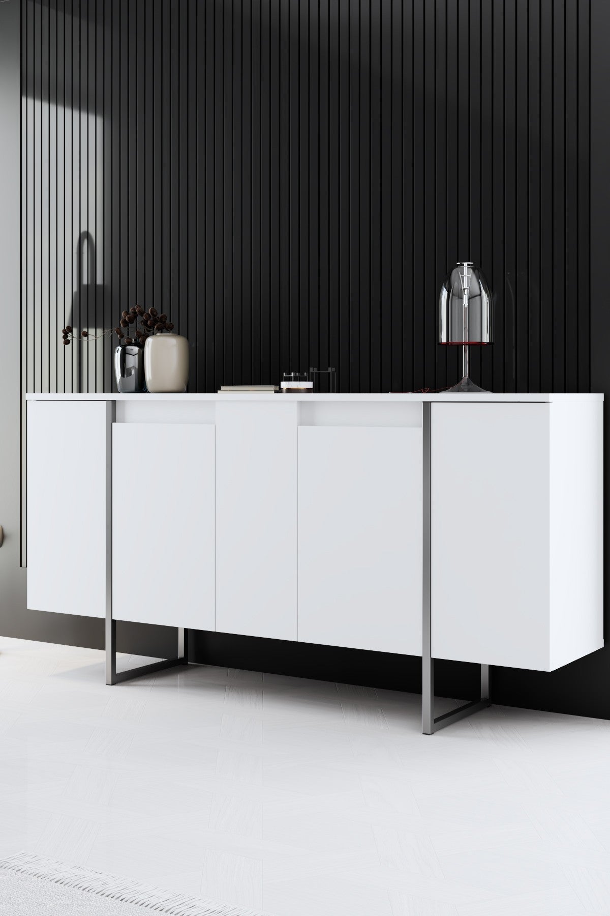 Ensemble de meubles de luxe blanc - Table basse + meuble TV + commode de luxe - Cadre argenté