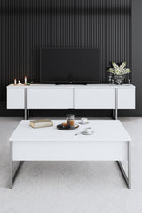 Ensemble de meubles de luxe blanc - Table basse + meuble TV + commode de luxe - Cadre argenté