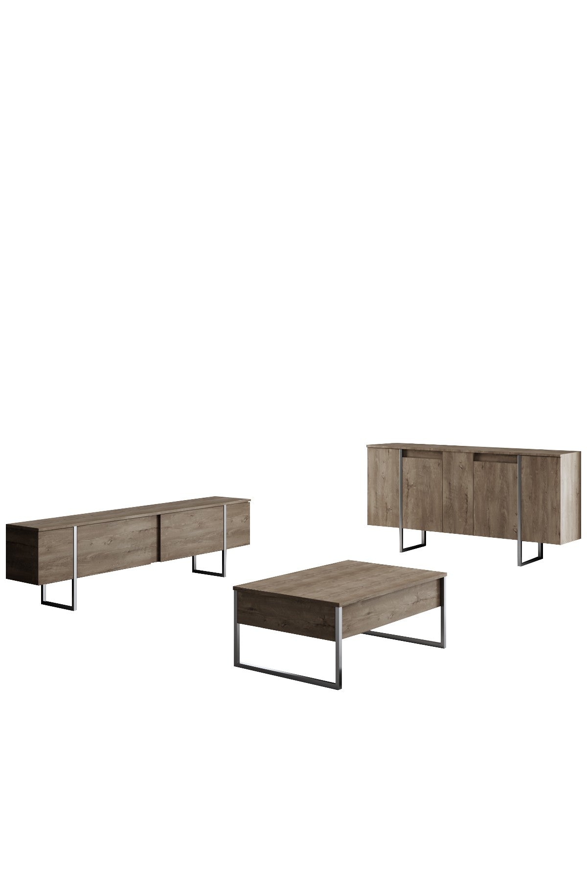 Ensemble de meubles de luxe en noyer - Table basse, meuble TV et buffet - Cadre argenté