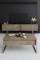 Ensemble de meubles de luxe en noyer - Table basse, meuble TV et buffet - Cadre argenté