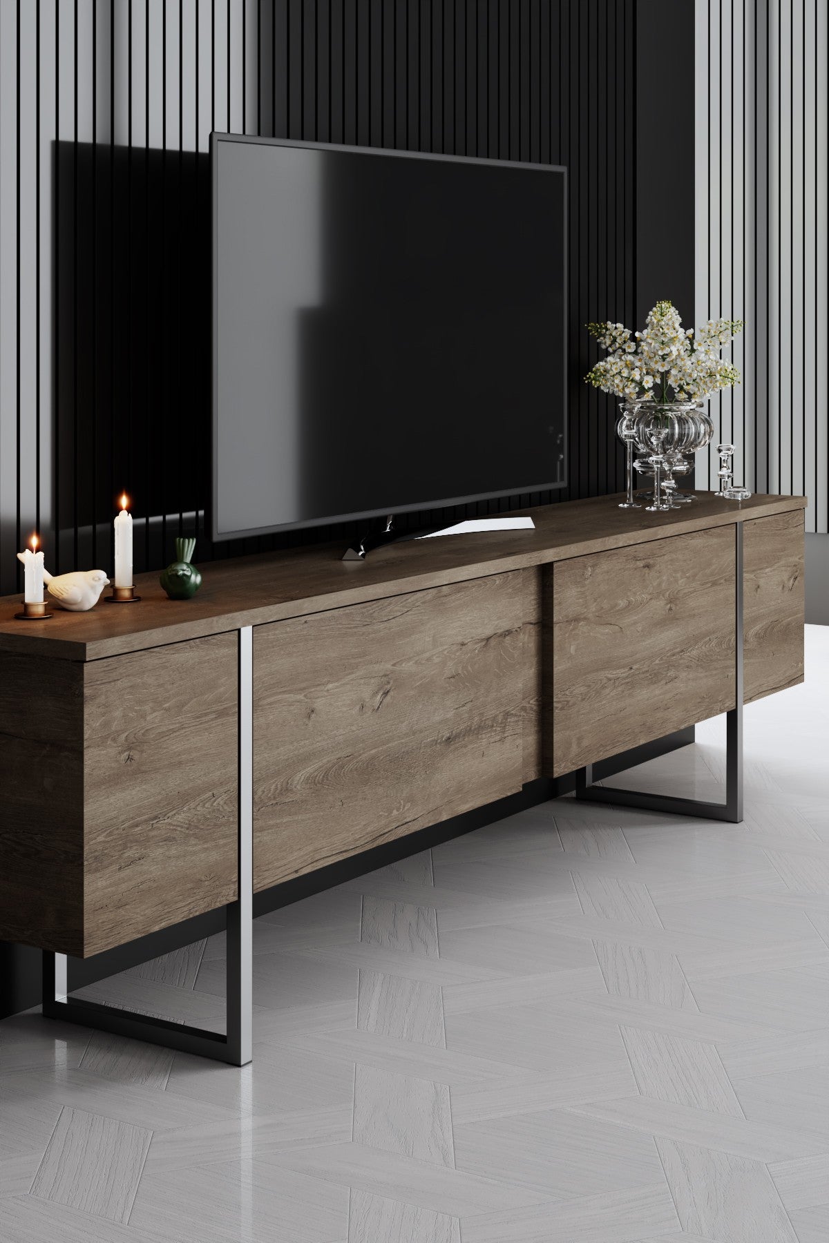Ensemble de meubles de luxe en noyer - Table basse, meuble TV et buffet - Cadre argenté