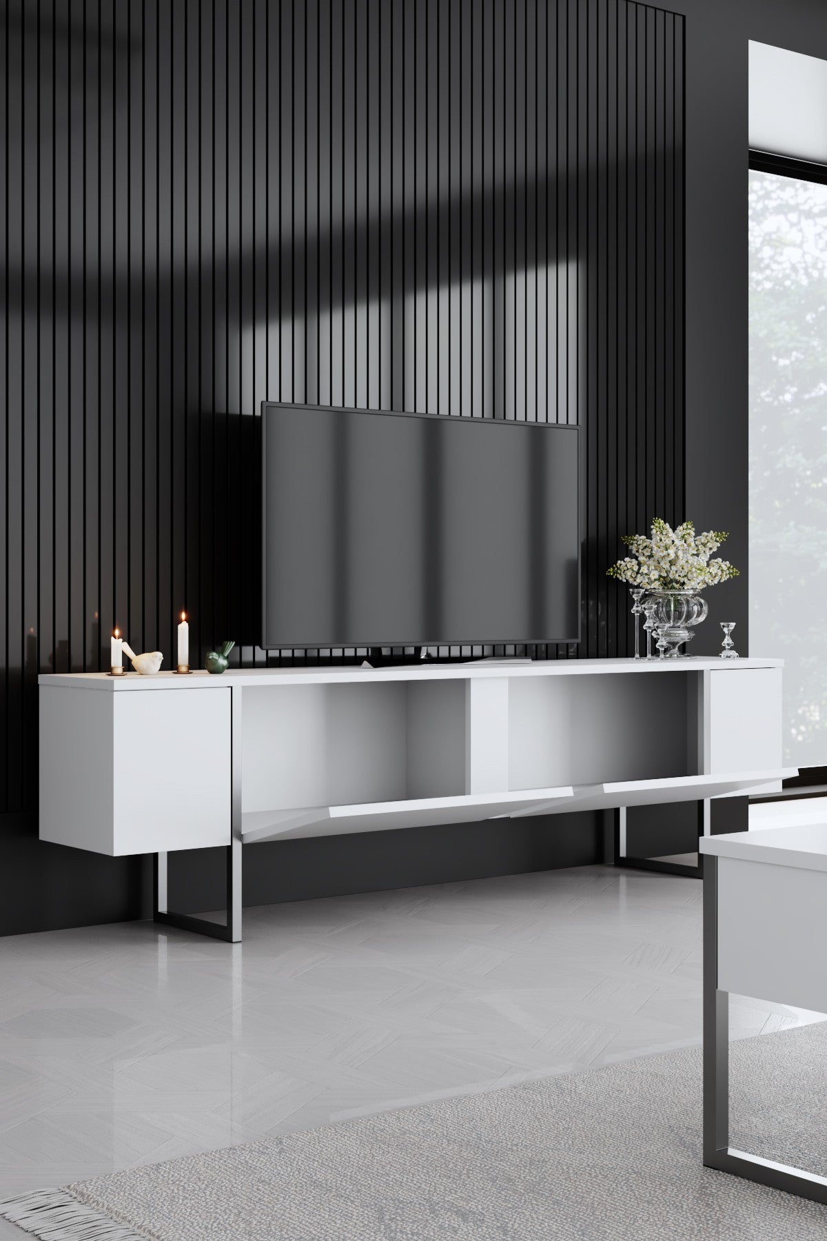 Meuble TV Blanc Luxe 180x50x30 - Cadre Argenté