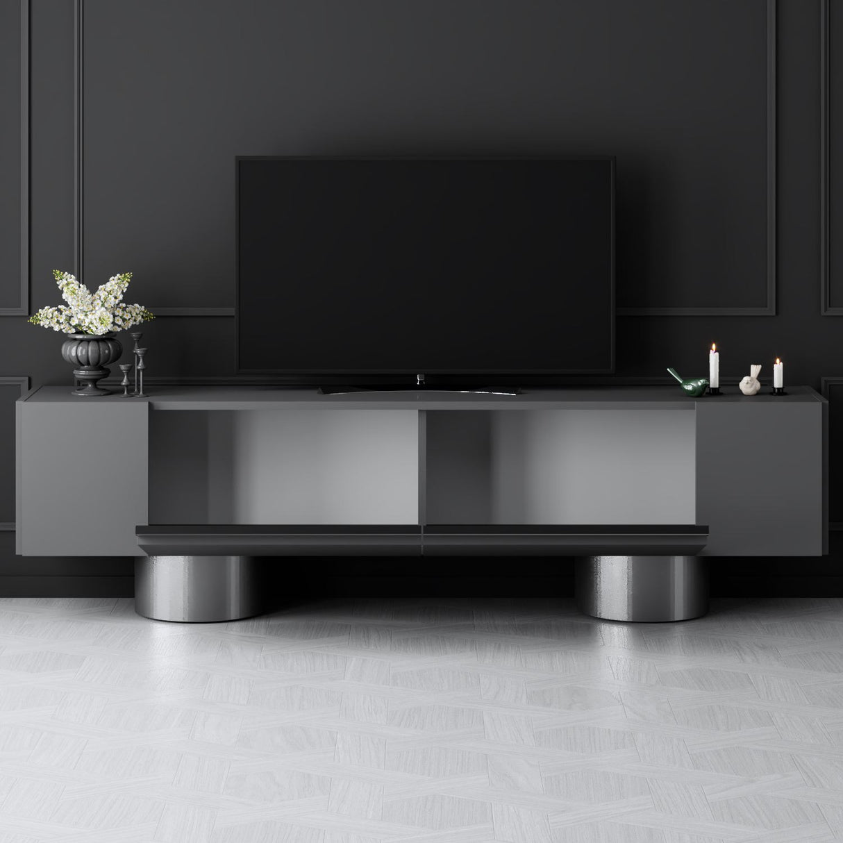 TV Meubels - TV Meubel Antraciet Bohem 180x50x30 - Zilver Frame - Dimehouse