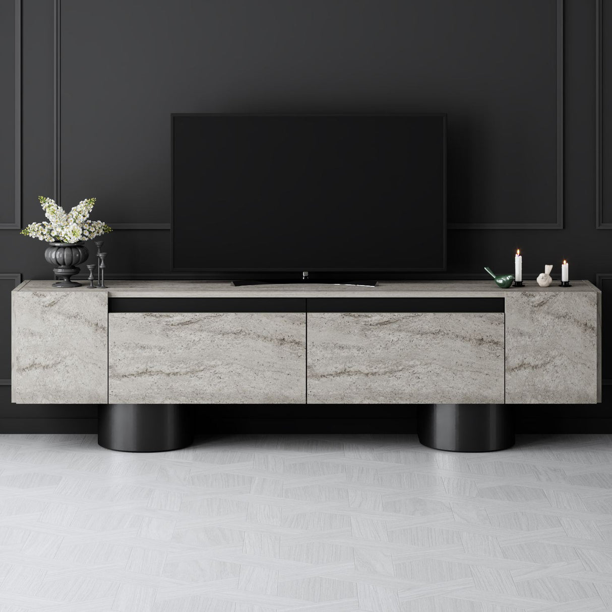 Meuble TV Travertin Bohem 180x50x30 - Cadre Noir