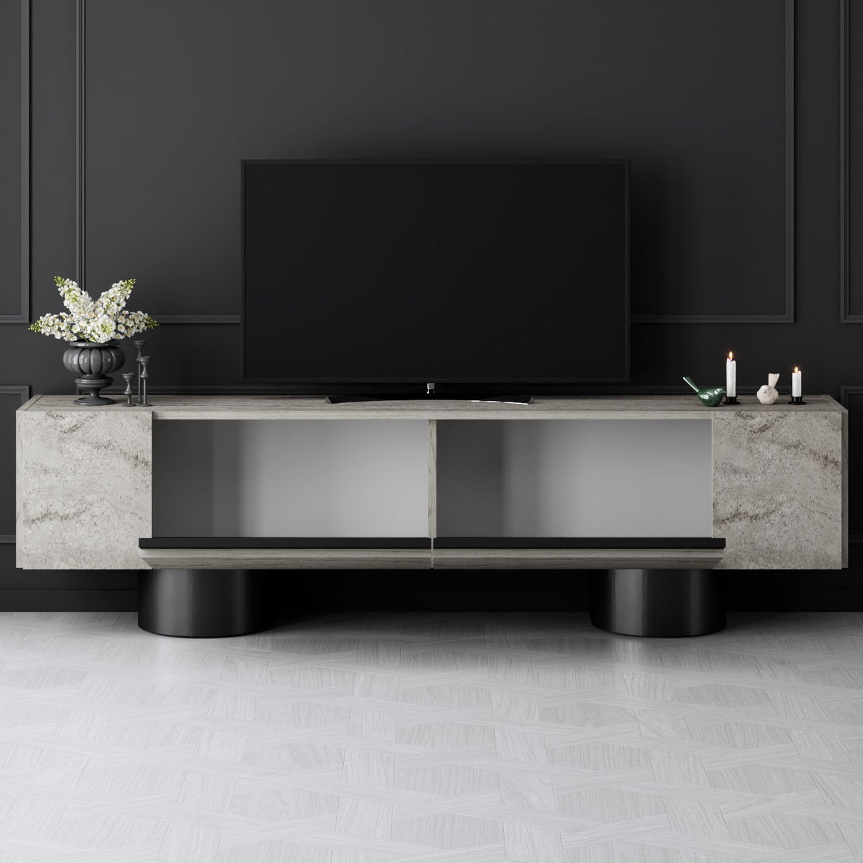 Meuble TV Travertin Bohem 180x50x30 - Cadre Noir