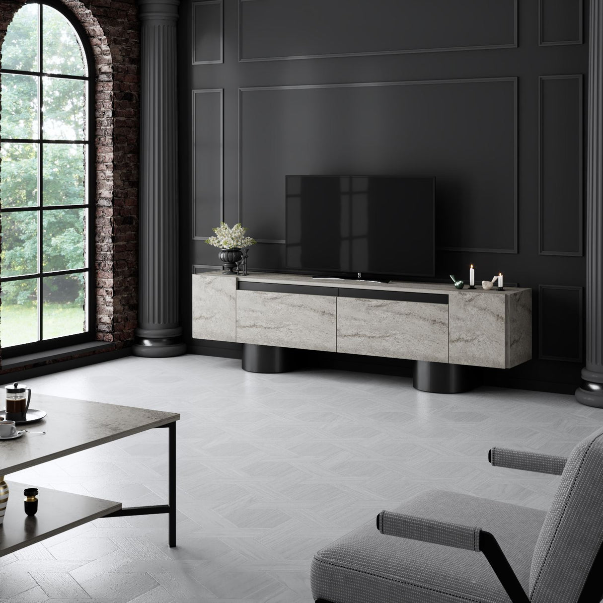 Meuble TV Travertin Bohem 180x50x30 - Cadre Noir