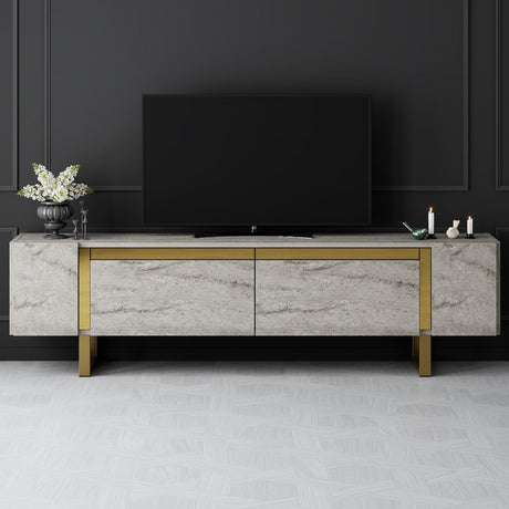 Meuble TV Travertin Yildiz 180x50x30 - Cadre Doré