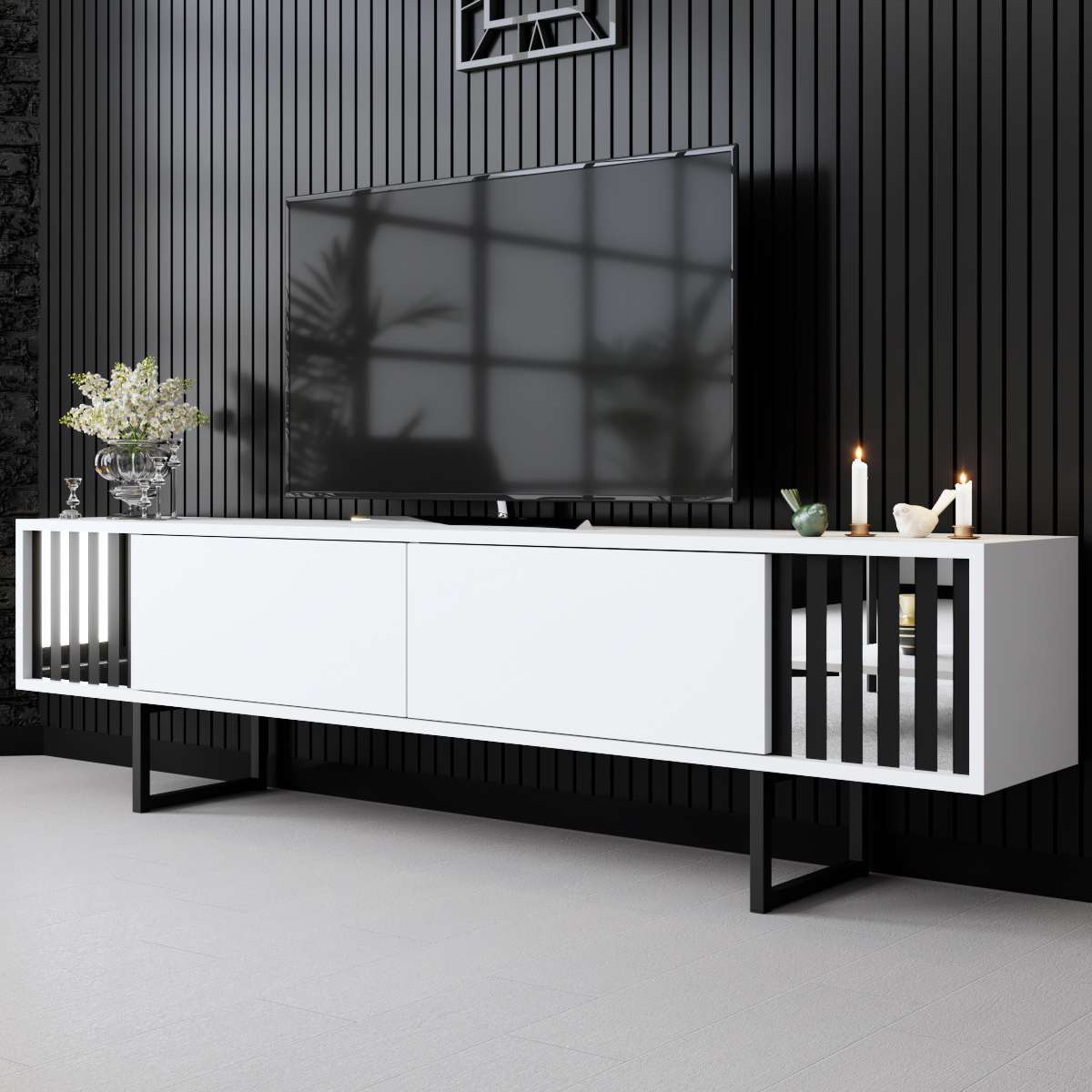 TV Meubels - TV Meubel Wit Chrome Line 180x48x30 - Zwart Frame - Dimehouse