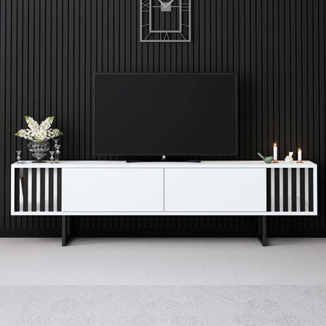 Meuble TV Blanc Chrome Line 180x48x30 - Cadre Noir
