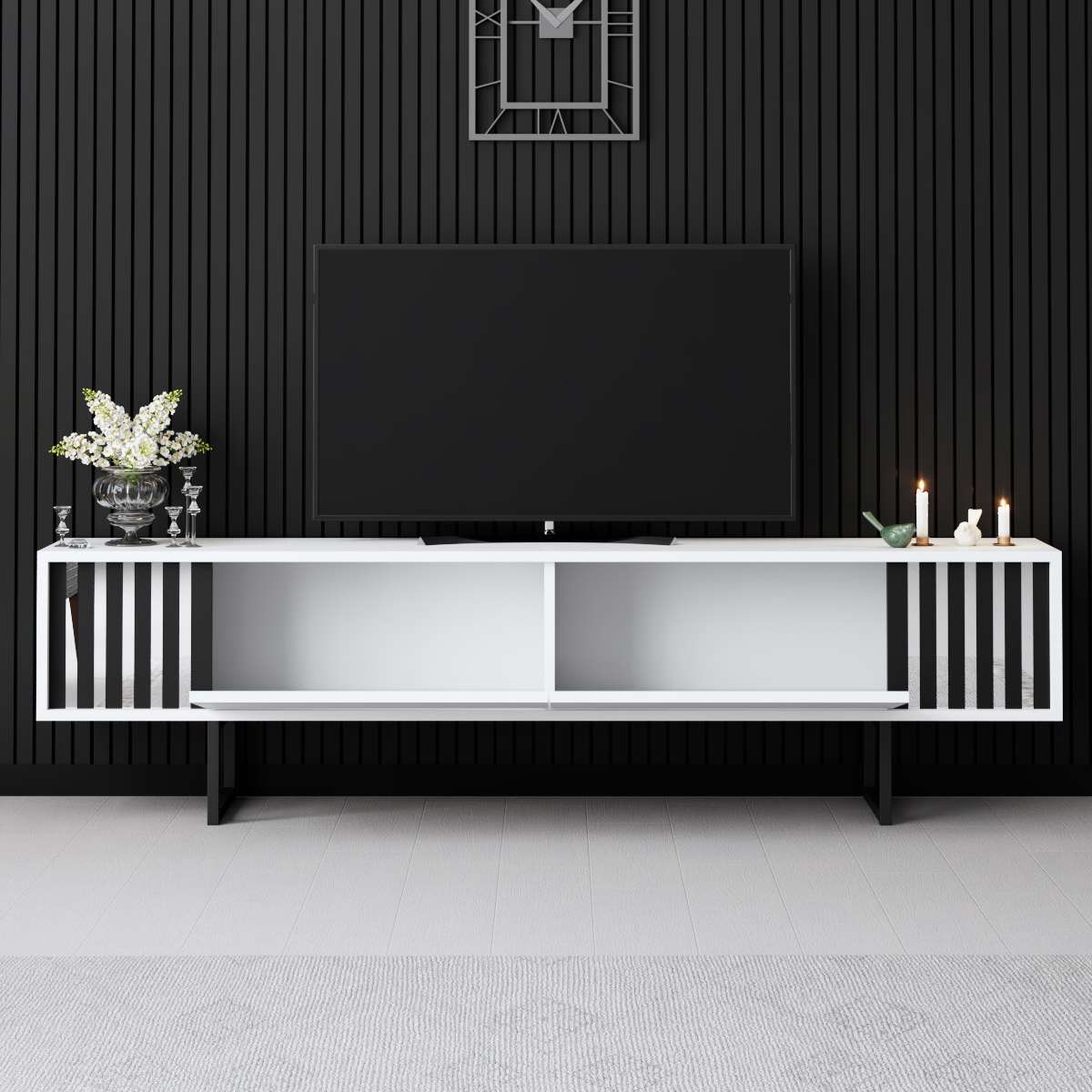 TV Meubels - TV Meubel Wit Chrome Line 180x48x30 - Zwart Frame - Dimehouse