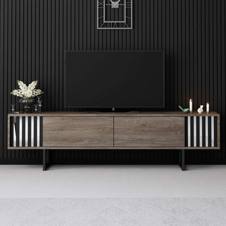 Meuble TV Noyer Chrome Line 180x48x30 - Cadre Noir