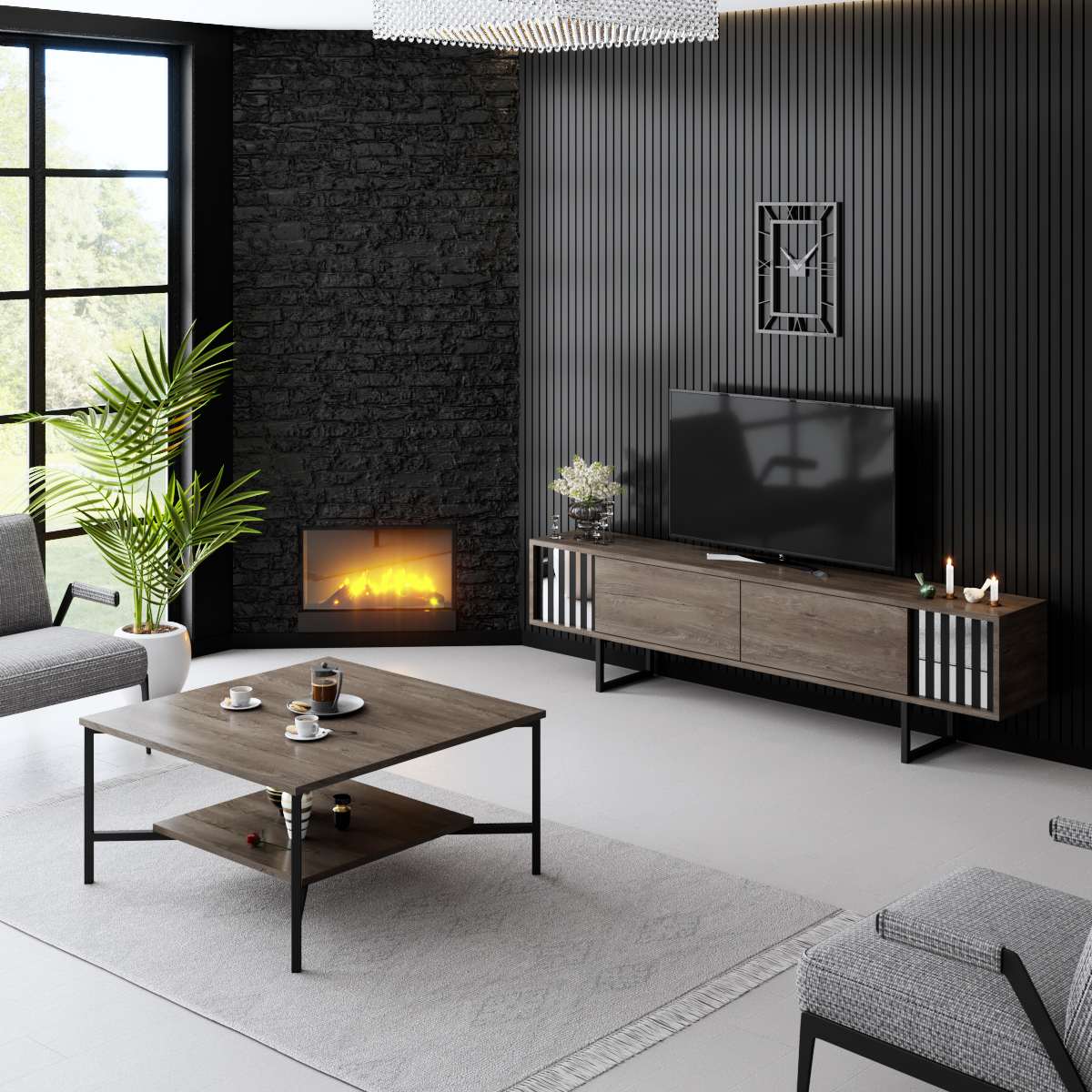 Meuble TV Noyer Chrome Line 180x48x30 - Cadre Noir