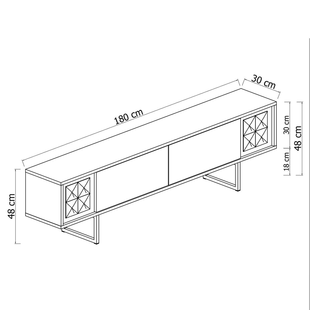 Meuble TV Noyer Gold Line 180x48x30 - Cadre doré