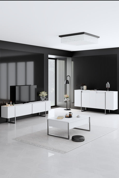 Dressoirs - Modern Dressoir Wit Luxe 160x80x35 - Zilver Frame - Dimehouse