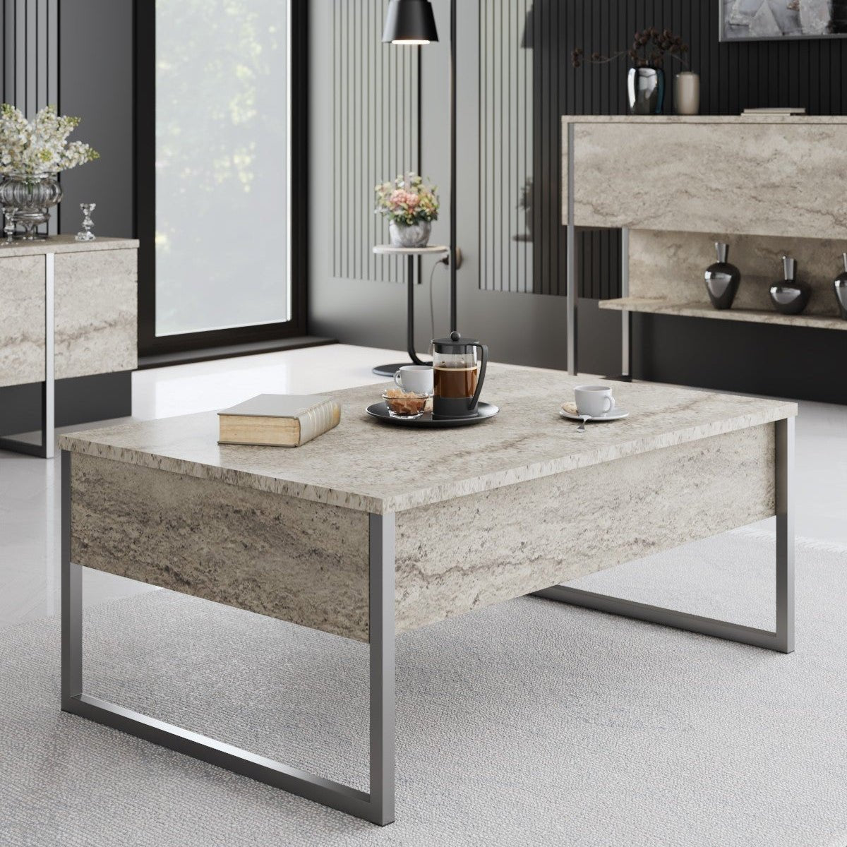 Table Basse Luxe Palazzo INT Argent Verre étamé - 100x100x45 Cm, Pierres Scintillantes