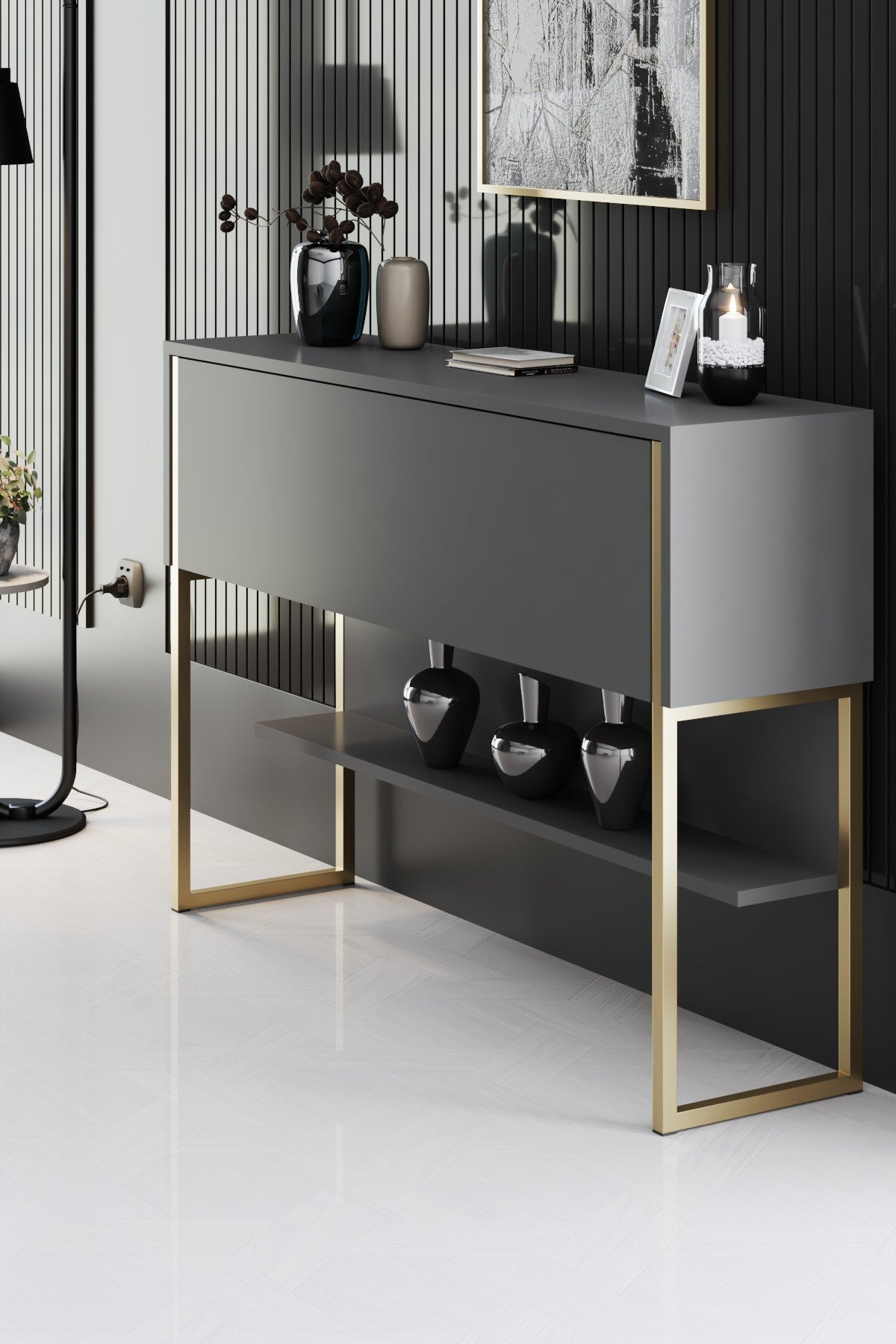 Commode moderne Anthracite Luxe 120x80x30 - Cadre doré