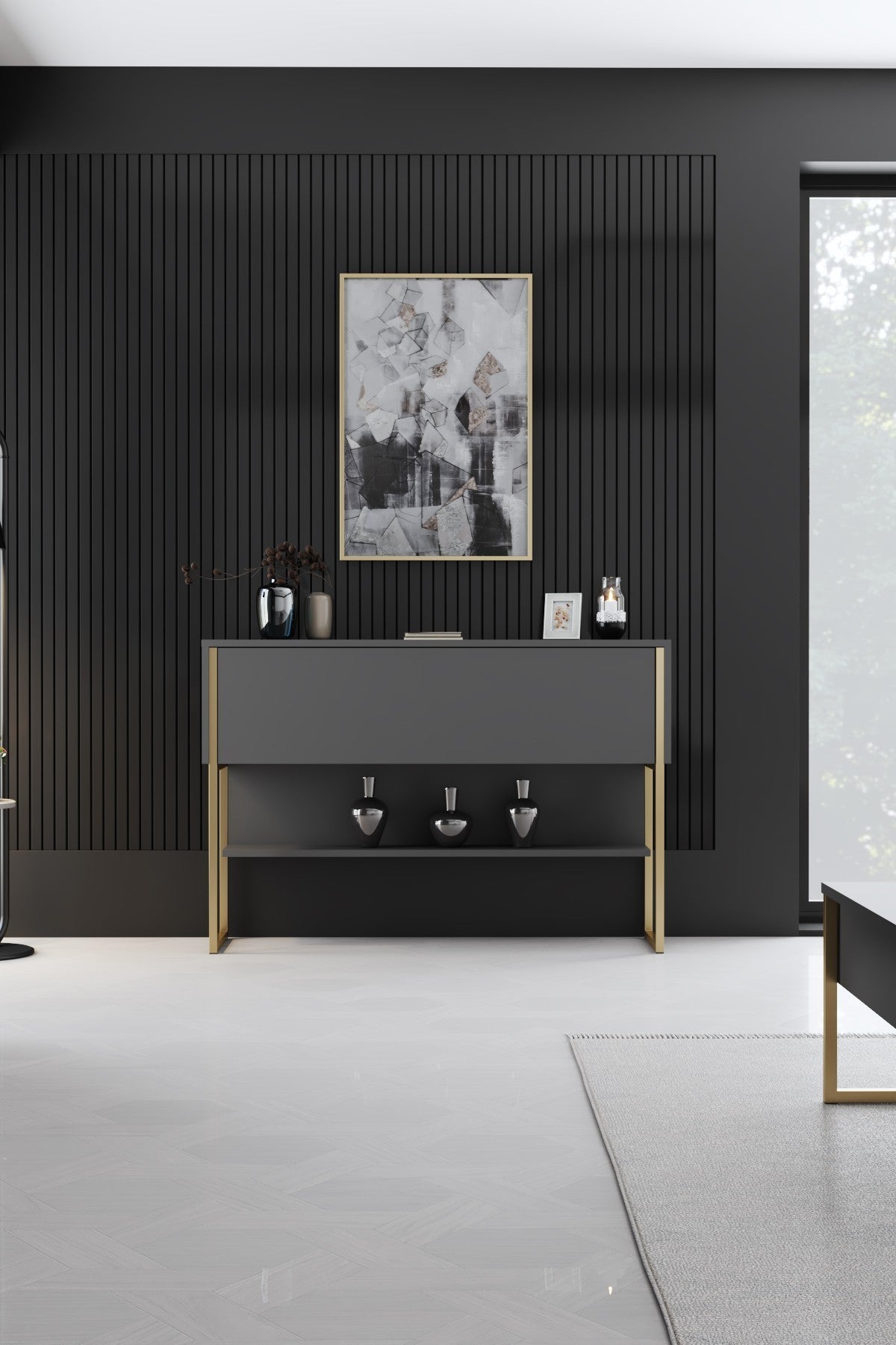 Commode moderne Anthracite Luxe 120x80x30 - Cadre doré
