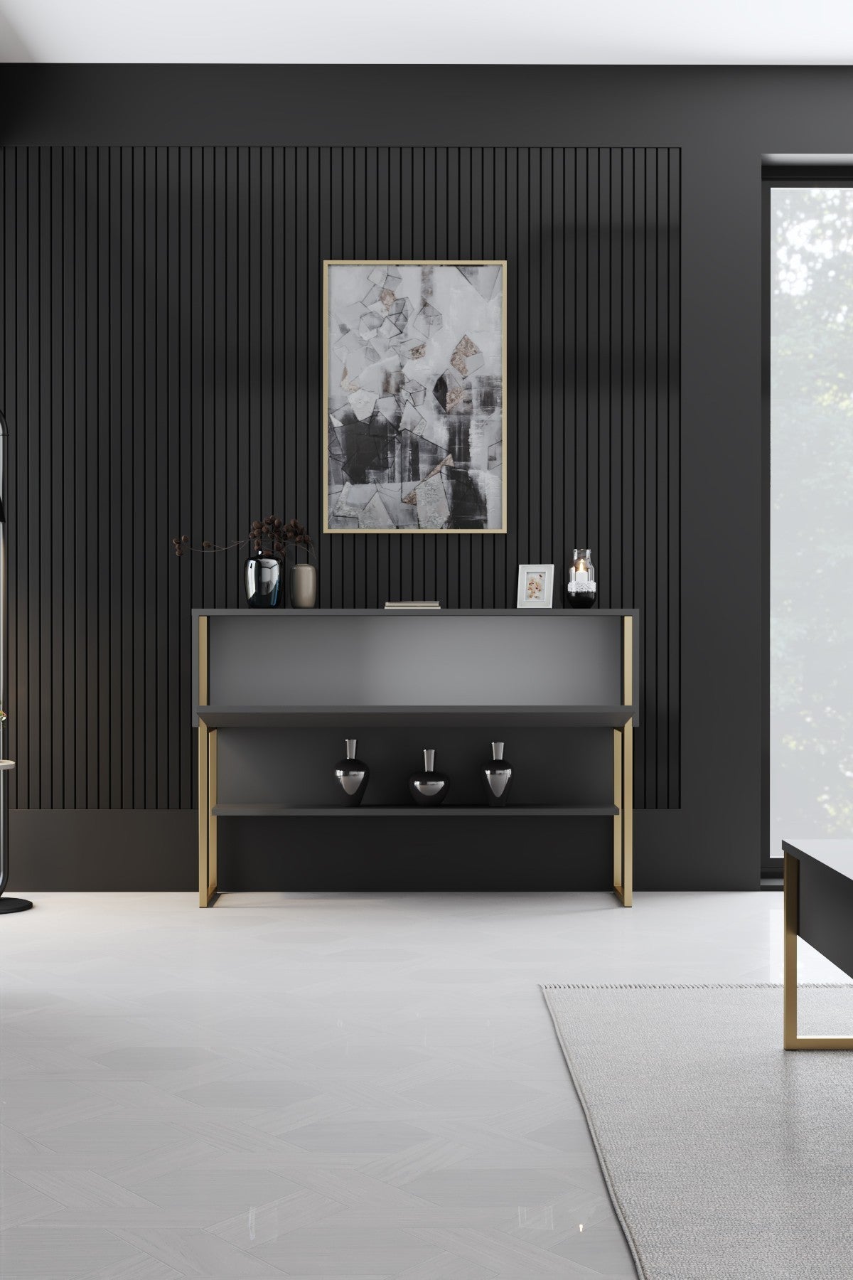 Commode moderne Anthracite Luxe 120x80x30 - Cadre doré