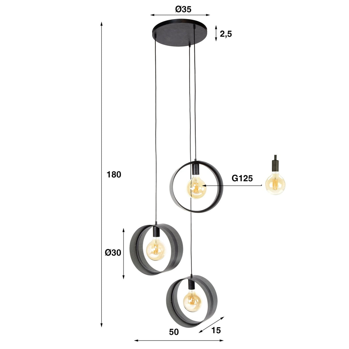 Suspension Fons 3 lumières en anneaux décalés métal noir 