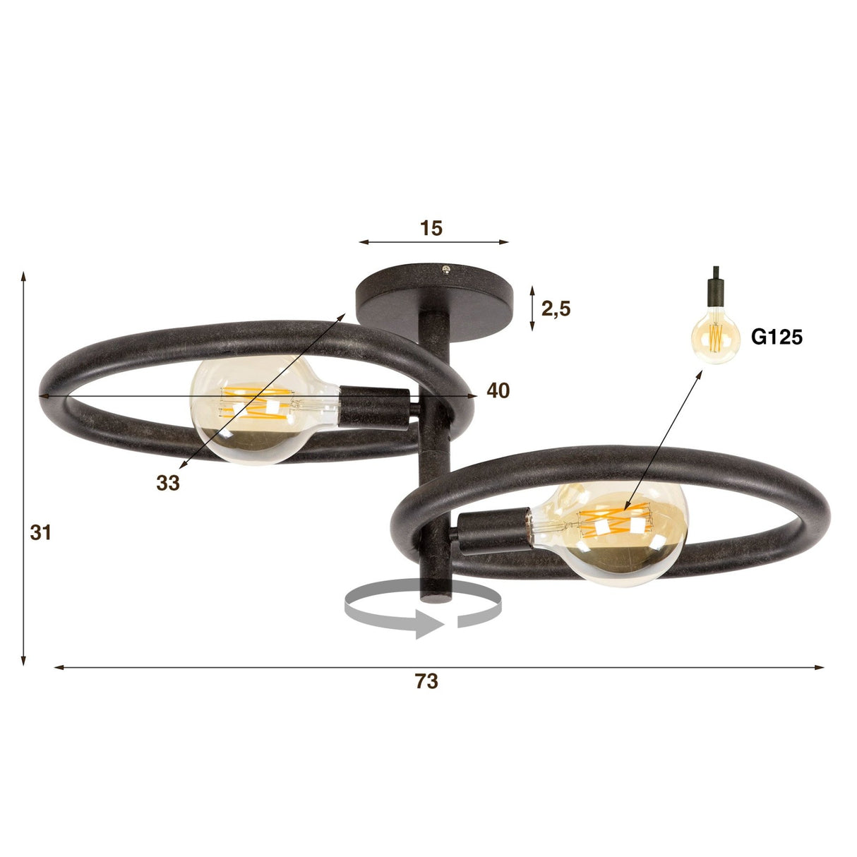 Plafonnier Nova Duo 2 lumières - Métal Noir 