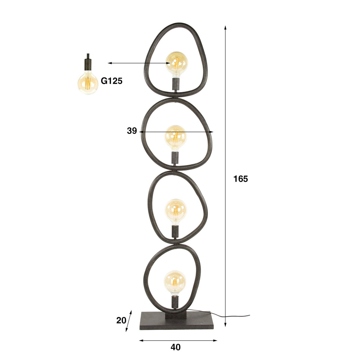 Lampadaire Orion 4 lumières Métal Noir 165 cm 