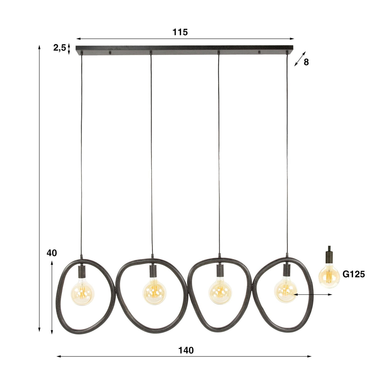 Suspension Nova 4 lumières Noir Métal 140 cm 