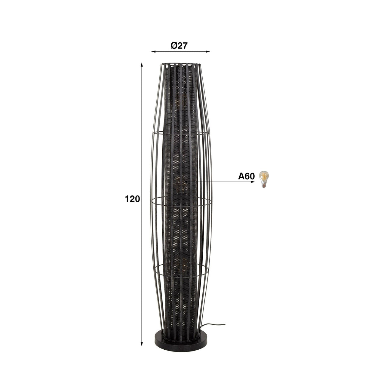 Lampadaire Liora 3 lumières cylindre maille noir 120 cm 