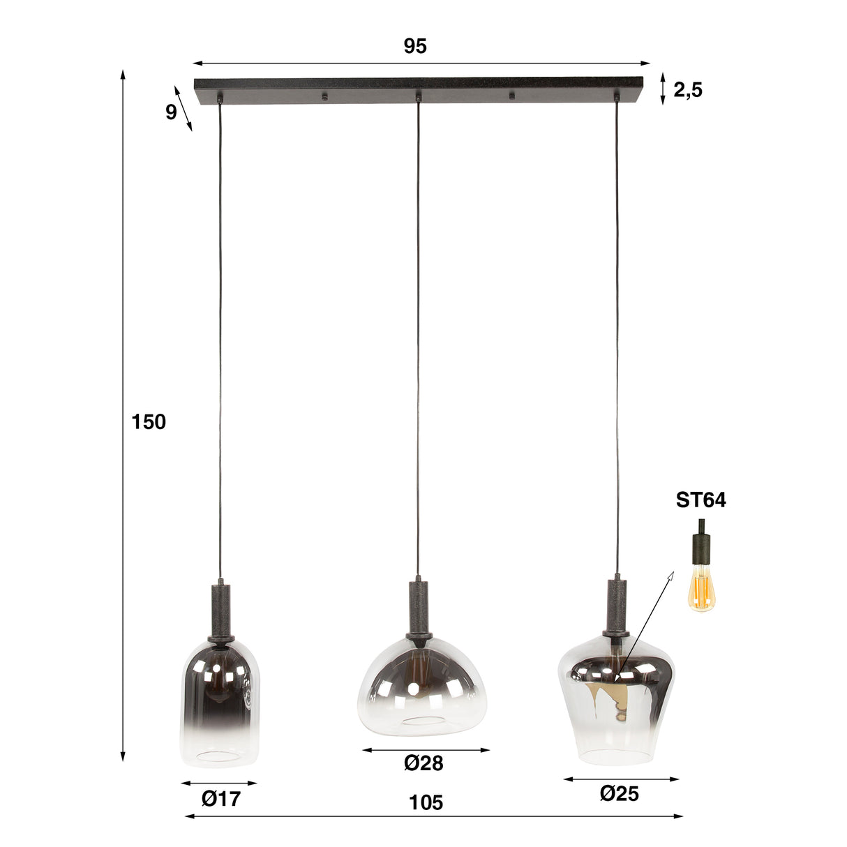 Suspension Nexus 3 lumières Métal Noir 105 cm 