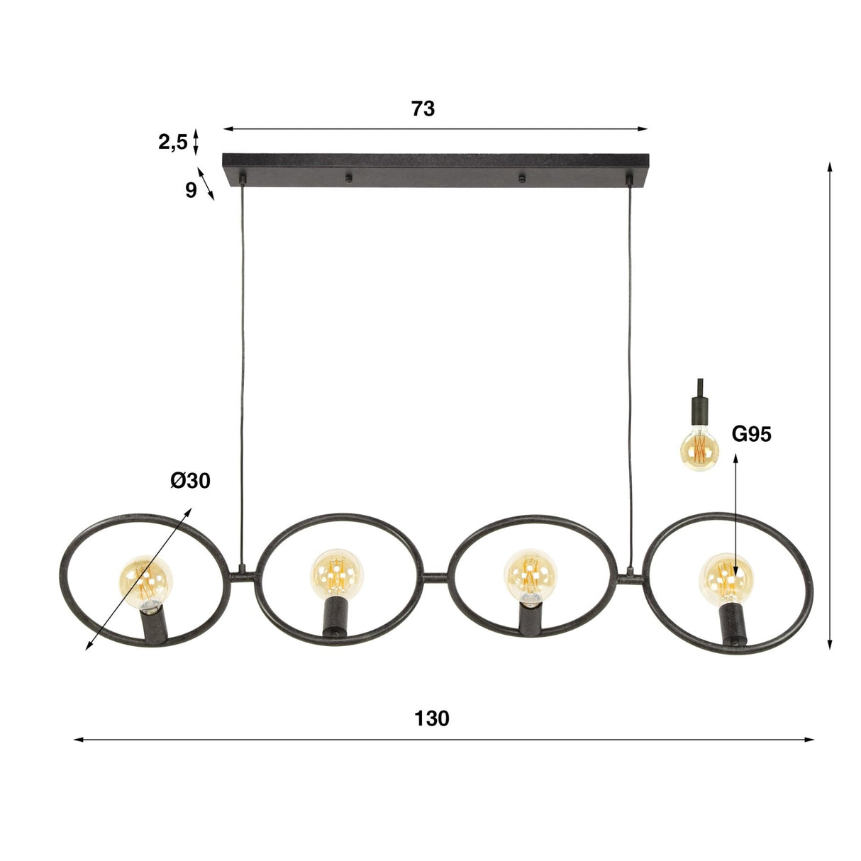 Lampe suspendue industrielle Liva 4 lumières métal noir 